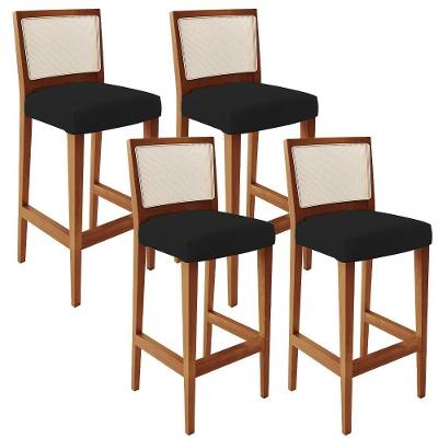 Kit 04 Banquetas Altas Encosto Tela Branco Facto Preto