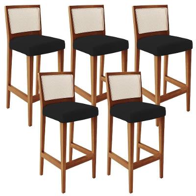 Kit 05 Banquetas Altas Encosto Tela Branco Facto Preto