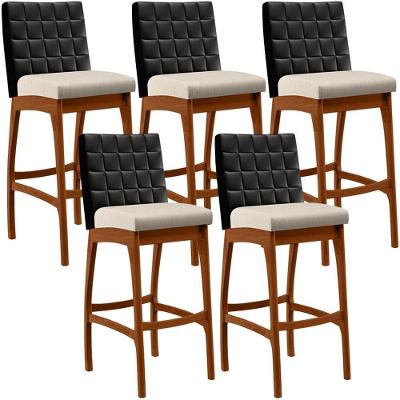 Kit 05 Banquetas Altas Mila Preto Linho Cru