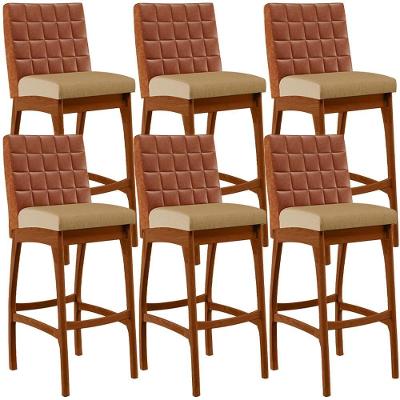 Kit 06 Banquetas Altas Mila Camel Linho Bege Escuro