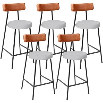 Kit 05 Banquetas Baixa Bar Cozinha Sala Jantar Milão L02 Couríssimo Camel Linho Cinza - Lyam Decor