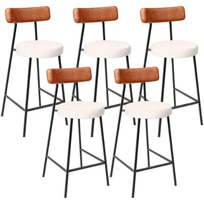Kit 05 Banquetas Baixa Cozinha Sala Jantar Milão L02 Couríssimo Camel Linho Cru - Lyam Decor