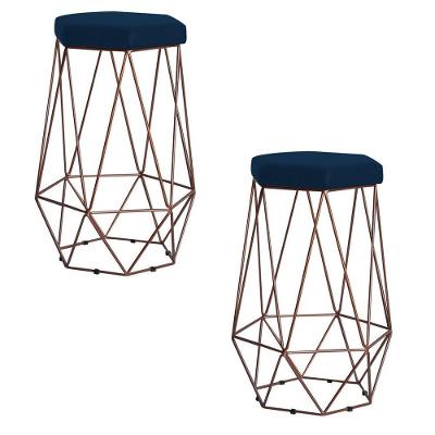 Kit 2 Banqueta Rubel Base Bronze Veludo Azul Gran Belo