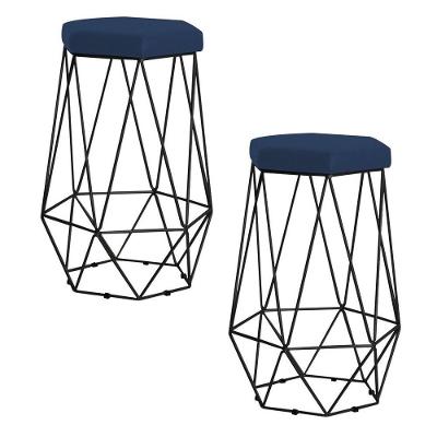 Kit 2 Banqueta Rubel Base Preta Veludo Azul Gran Belo