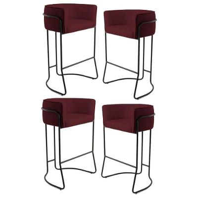 Kit 4 Banquetas Base Aço Preto Betina Veludo Marsala Domi