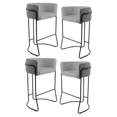 Kit 4 Banquetas Base Aço Preto Betina Linho Cinza Escuro