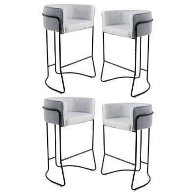 Kit 4 Banquetas Base Aço Preto Betina Linho Cinza Domi