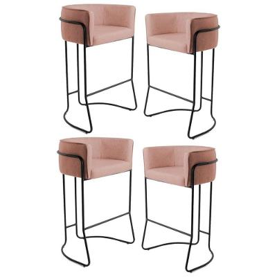 Kit 4 Banquetas Base Aço Preto Betina C-105 Linho Rosê Domi