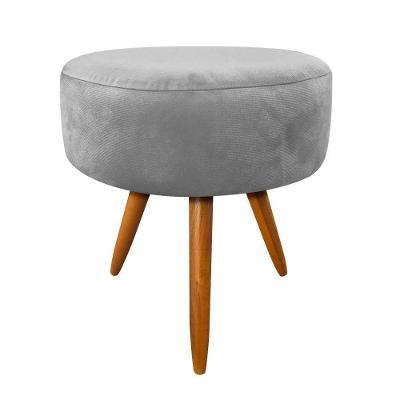 Puff Banqueta Berlim Redondo Suede Cinza Pés Castanho