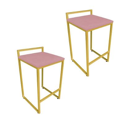 Conjunto 2 Banquetas Pietra Suede Rose Base Dourado