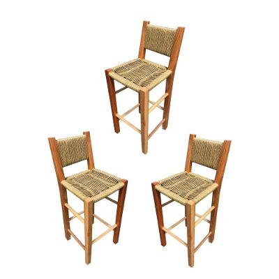 Kit 3 Banquetas Assento De Palha Sem Pintura De Madeira Maciça Bela Móveis