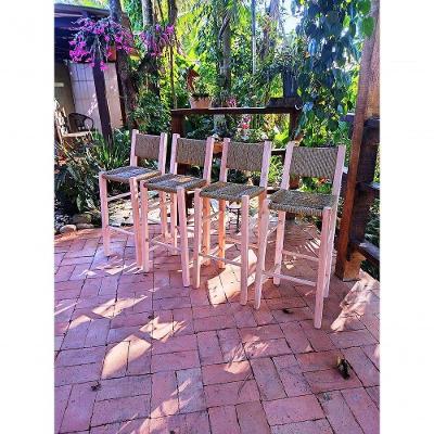 Kit 4 Banquetas Assento De Palha Sem Pintura De Madeira Maciça Bela Móveis