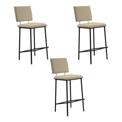 Kit 3 Banquetas Fixa Decorativa Base De Aço Marcius Linho Bege