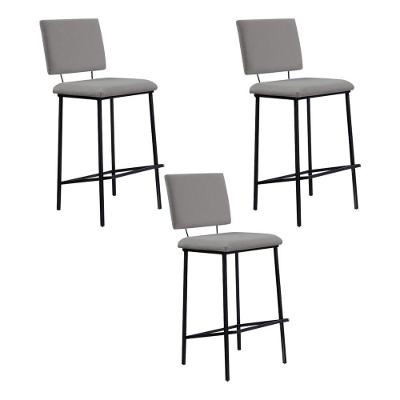 Kit 3 Banquetas Fixa Decorativa Base De Aço Marcius Linho Cinza