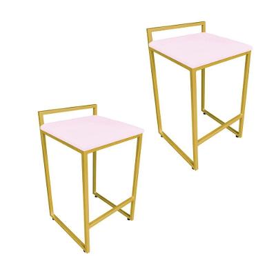 Conjunto 02 Banquetas Pietra Suede Base Dourado Rosa Bebê