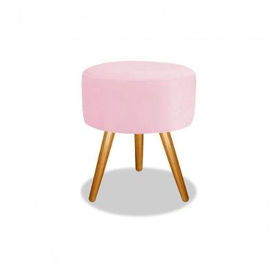 Puff Magnus Redondo Decorativo Pé Palito Castanho Suede Rosa Bebê