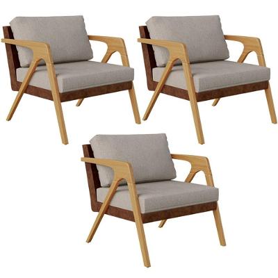 Kit 03 Poltronas Pietra Couríssimo Marrom Linho Bege