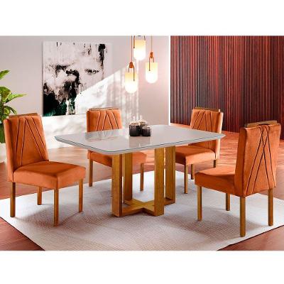Conjunto Sala De Jantar 4 Lugares Mesa Com Tampo Em Vidro E Cadeiras Veludo Móveis off-white
