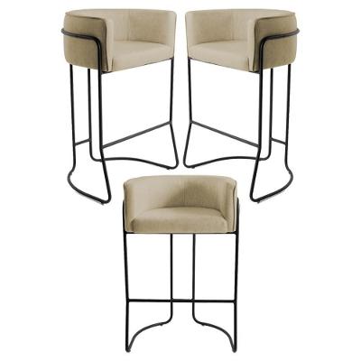 Kit 3 Banquetas Base Aço Preto Betina C-129 Linho Creme - Domi