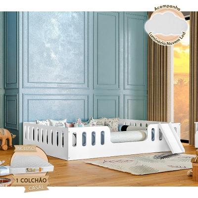 Cama Intanfil Helo Com Colchão Casal Montessoriana Branca Com Escorregador + Luminária Branco