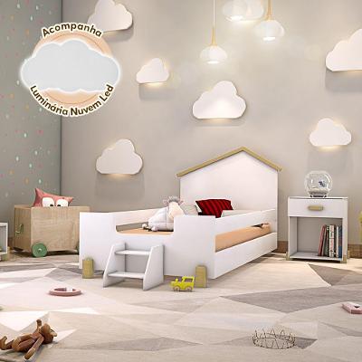 Cama Infantil Com Escadinha Juvenil Ayla Branca E Natural + Luminária Led - Cor: Branco