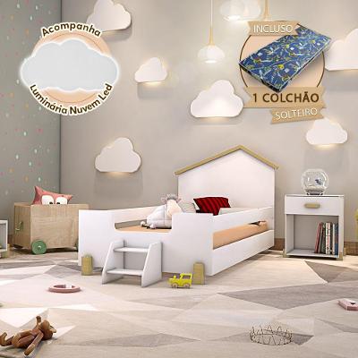Cama De Criança Infantil Com Colchão E Escadinha Solteiro Branca E Natural + Luminária Led Branco