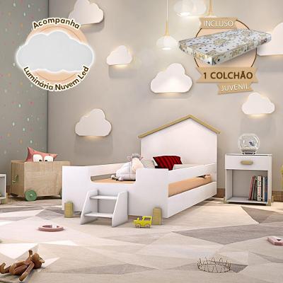 Cama Infantil Com Colchão E Escadinha Juvenil Ayla Branca E Natural + Luminária Led - Cor: Branco