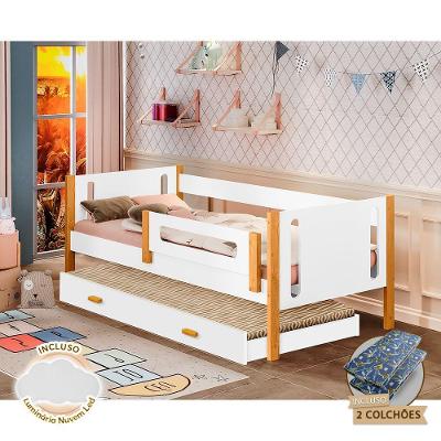 Bicama Infantil Com Grade De Proteção E Colchões Mirela Branca/Amêndoa + Luminária Led - Cor: Branco