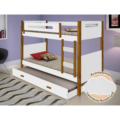 Beliche Solteiro Com Cama Auxiliar Montessoriana Heloisa Branca E Amêndoa + Luminária Led Branco