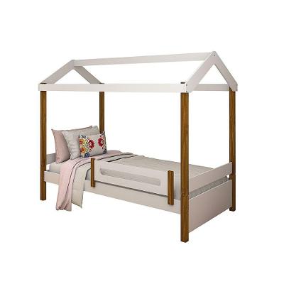 Bicama Solteiro Montessoriana Eliz Com Grade De Proteção Branco/Mel - Cor: Branco