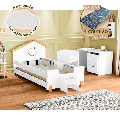 Cama Infantil Com Colchão Solteiro Alegra Branca E Amêndoa + Luminária Led - Cor: Branco
