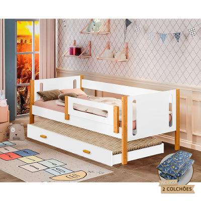 Cama Infantil Solteiro Mirela Com Cama Auxiliar E Grade De Proteção Acompanha Colchões Branca/Mel