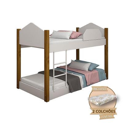 Beliche Infantil Juvenil Luiza Com Colchões - Branco/Mel Branco