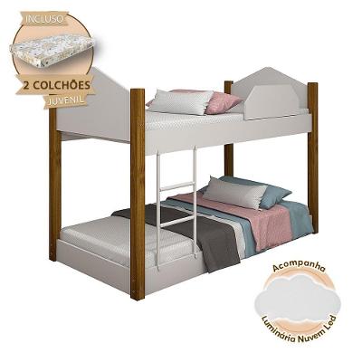 Beliche Infantil Juvenil Luiza Acompanha Colchões E Luminária Led - Branca E Amêndoa Branco