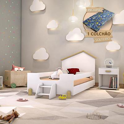 Cama De Criança Infantil Com Colchão E Escadinha Solteiro Ayla Branca E Natural Branco