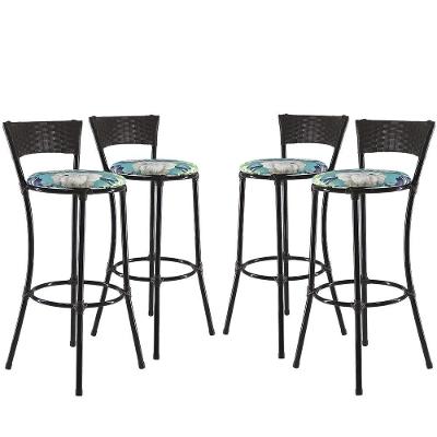 Jogo Com 4 Banquetas Alta Forts Azul Floral, Fibra Uv Bancada, área Goumert, Bar, Piscina, Balcão