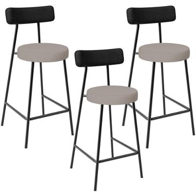 Kit 03 Banquetas Baixa Bar Cozinha Sala Jantar Milão L02 Couríssimo Preto Linho Bege