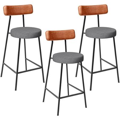 Kit 03 Banquetas Baixa Cozinha Jantar Milão L02 Couríssimo Camel Linho Cinza Escuro
