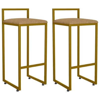 Kit 02 Banquetas Alta Para Cozinha Sala De Jantar Hanna L02 Dourado Linho Bege Escuro