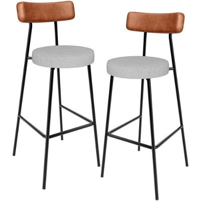 Kit 02 Banquetas Alta Cozinha Sala Jantar Aço Milão L02 Couríssimo Camel Linho Cinza