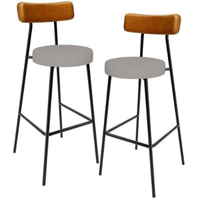 Kit 02 Banquetas Alta Cozinha Sala Jantar Aço Milão L02 Couríssimo Whisky Linho Bege