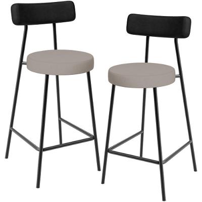 Kit 02 Banquetas Baixa Bar Cozinha Sala Jantar Milão L02 Couríssimo Preto Linho Bege
