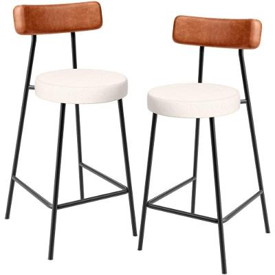 Kit 02 Banquetas Baixa Cozinha Sala Jantar Milão L02 Couríssimo Camel Linho Cru Decor