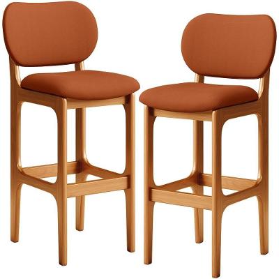 Kit 02 Banquetas Alta Bar Cozinha Sala Jantar Fixa Betta L02 Imbuia Tecido Terracota