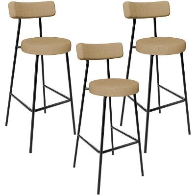Kit 03 Banquetas Alta Bar Cozinha Sala De Jantar Em Aço Milão L02 Linho Bege Escuro