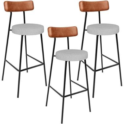 Kit 03 Banquetas Alta Cozinha Sala De Jantar Aço Milão L02 Couríssimo Camel Linho Cinza