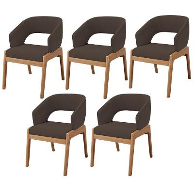 Kit 05 Cadeiras De Jantar E Estar Living Estofada Lince L02 Suede Marrom - Lyam Decor