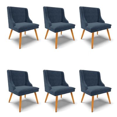 Kit 6 Cadeiras Estofadas Para Sala De Jantar Pés Palito Lia Suede Azul Marinho - Ibiza