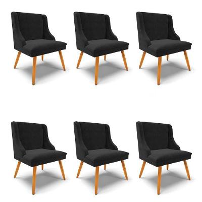 Kit 6 Cadeiras Estofadas Para Sala De Jantar Pés Palito Lia Suede Preto - Ibiza