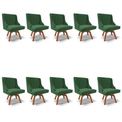 Kit 10 Cadeiras Estofadas Base Giratória De Madeira Lia Veludo Verde Esmeralda - Ibiza